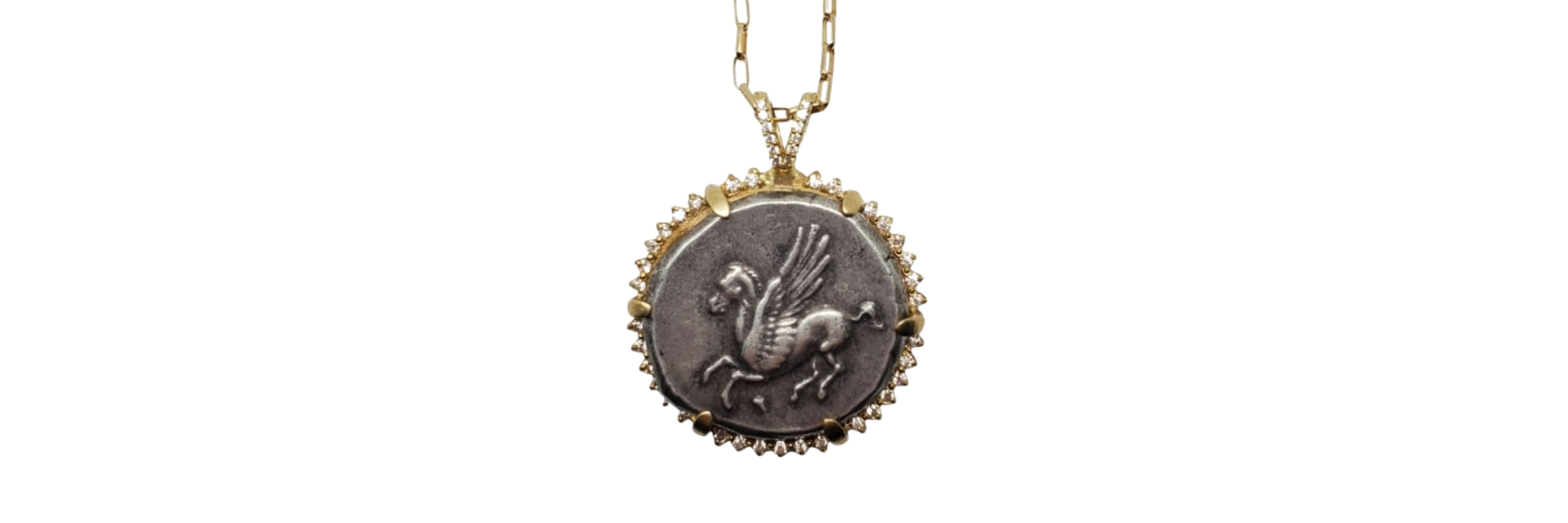 Corinthian Pegasus ancient coin in 18kt gold and diamond pendant setting