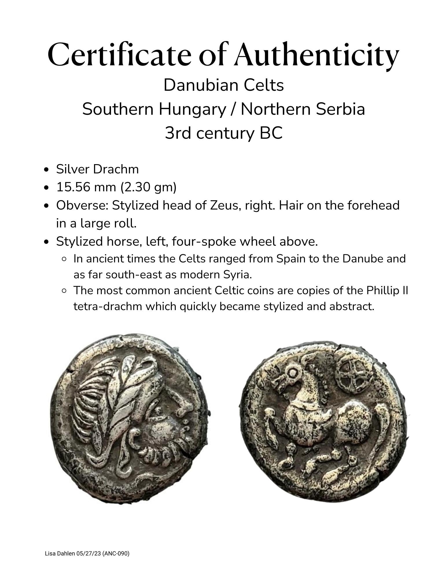Certificate of authenticity of ancient Celtic coin from 3rd century BC.  Danubian Celts.  Head of Zeus and a stylized horse.