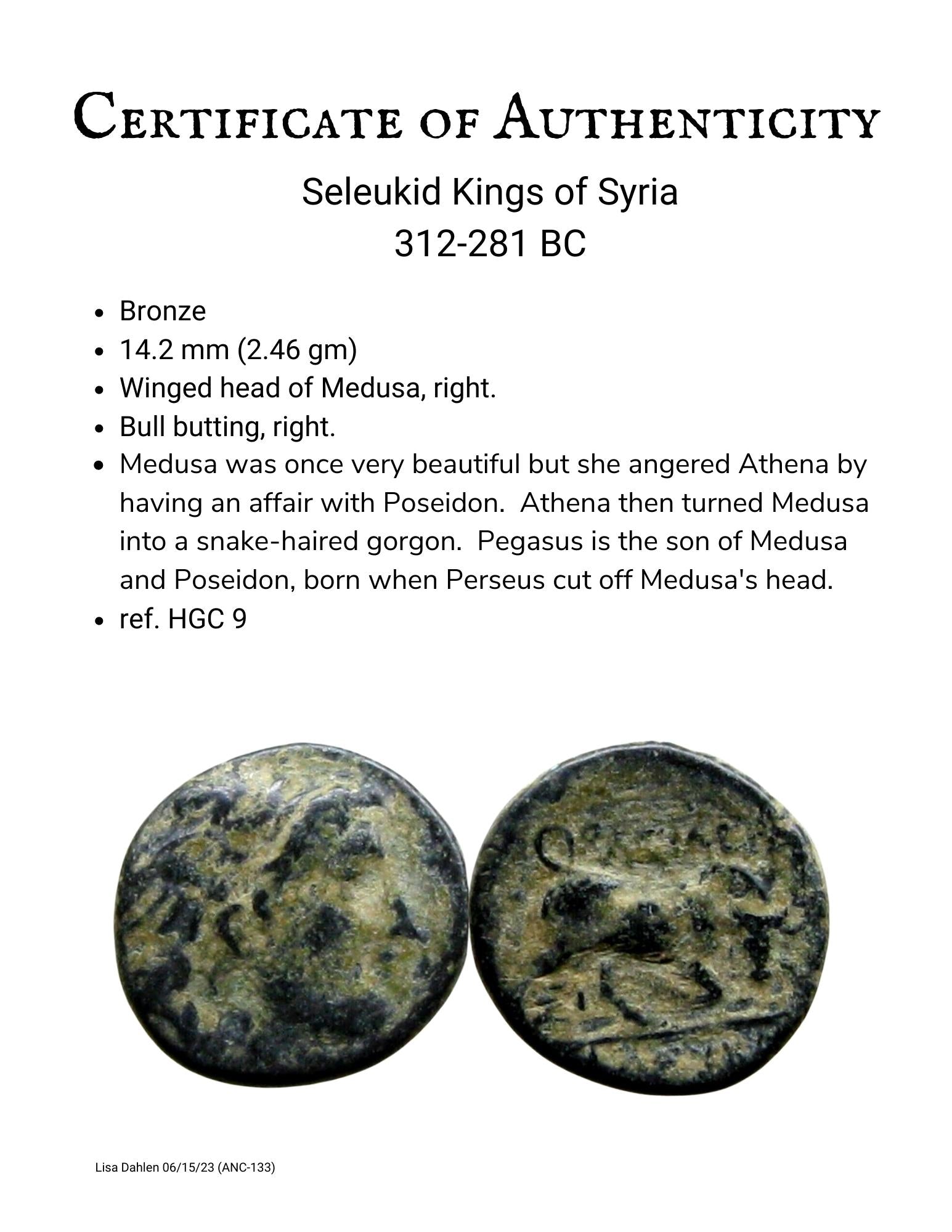 Certificate of authenticity of ancient Greek bronze coin from Seleukid Kings 312-281 BC Head of Medusa and Bull 