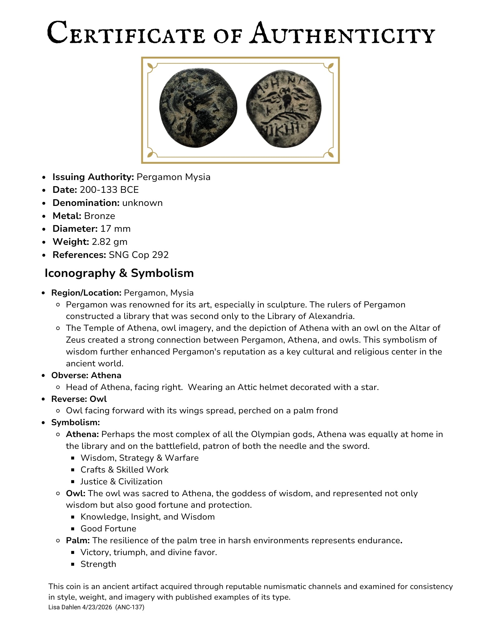Certificate of Authenticity for an ancient bronze coin with Athena and an owl. Iconography and symbolism details.