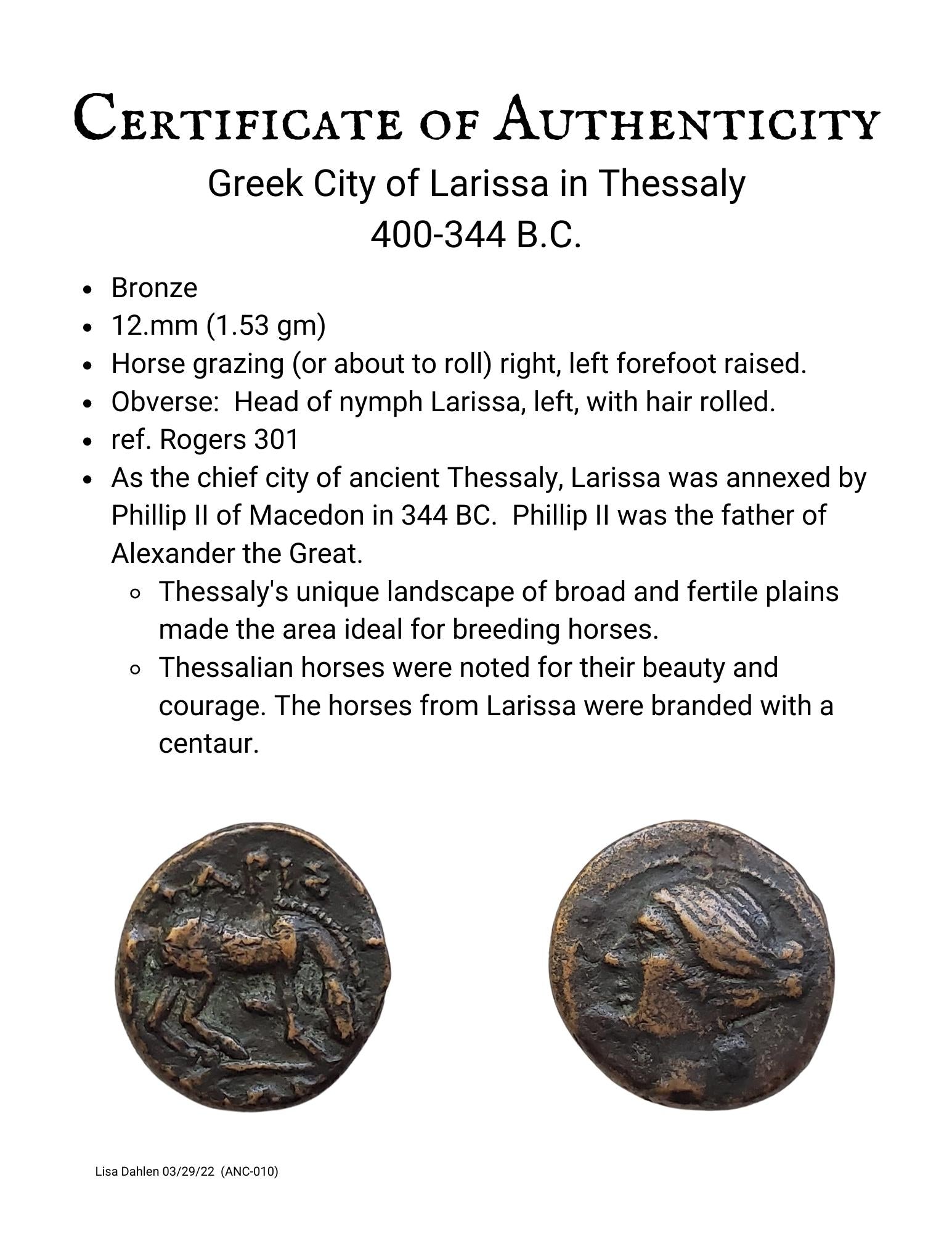 Certificate of authenticity of ancient Greek bronze coin from Thessaly, Larissa of a Horse with the nymph Larissa 400-344 BC
