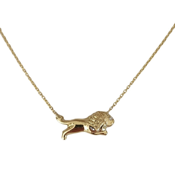 14kt gold casting of an ancient bronze lion artifact. Diamond accented eye and 1.3 mm cable chain adjustable lengths 16", 17", 18"