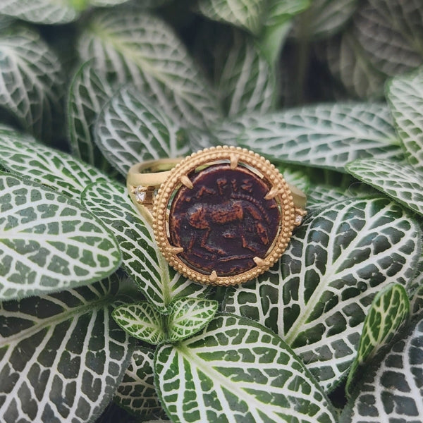 Ancient Greek bronze coin Thessaly, Larissa of horse ring in 18kt gold with diamond accent