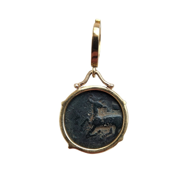 Ancient Greek Bronze Coin of Bee and Stag on the back. Ephesus, Ionia. Set in 18kt recycled gold.