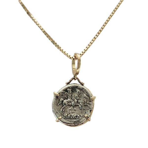 Roman Republic Ancient Silver Denarius Coin of Dioscuri Gemini Twins on Horses after 211 BC 18kt gold pendant on an enhancer bail