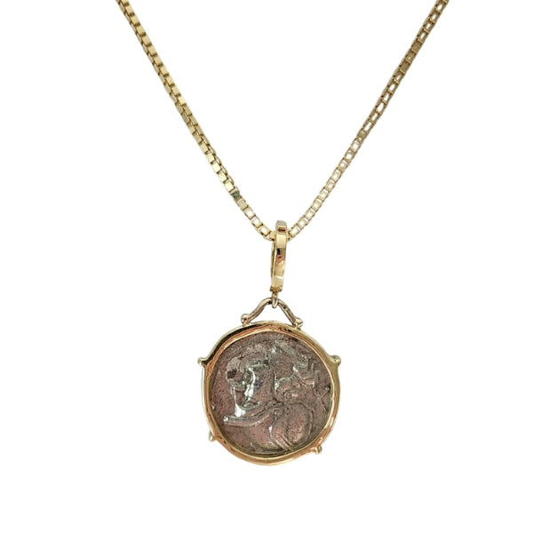Roman Republic Ancient Silver Denarius Coin of Dioscuri Roma on back after 211 BC 18kt gold pendant with enhancer bail