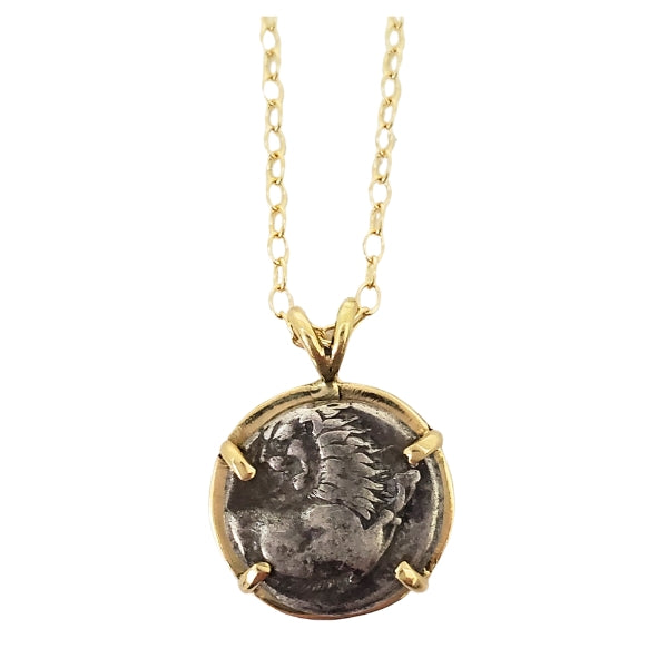 Ancient Greek silver coin Thrace with Lion and cicada on back in 18kt gold setting