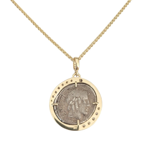 Ancient Roman Republic 85 BC silver denarius coin Apollo on back 18kt gold and diamond pendant