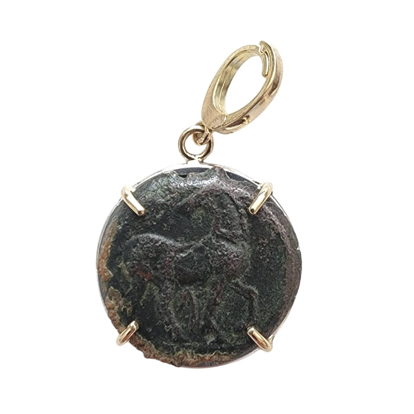 Ancient Greek Bronze Coin from Carthage Horse Looking Back 18kt Gold and Sterling Silver Setting