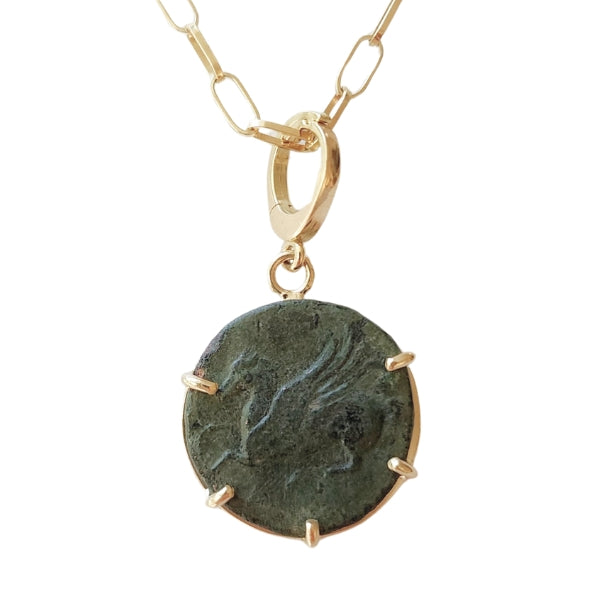 Ancient bronze Greek Syracuse Sicily 344-317 BC coin pendant Pegasus 18kt gold with enhancer bail