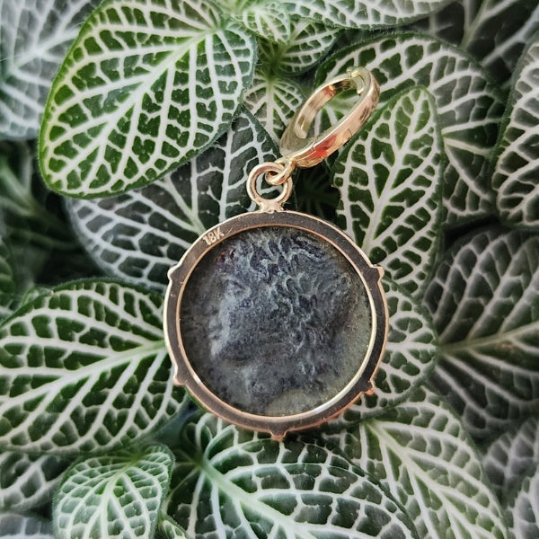 Ancient Greek Syracuse Sicily bronze coin pendant Apollo 18kt gold and enhancer bail