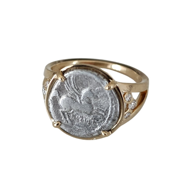 Ancient Roman Republic Pegasus 90 BC silver coin in 18kt gold and diamond ring.