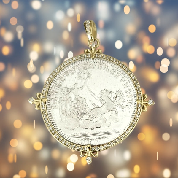 French silver jeton set in 18kt gold with diamond halo