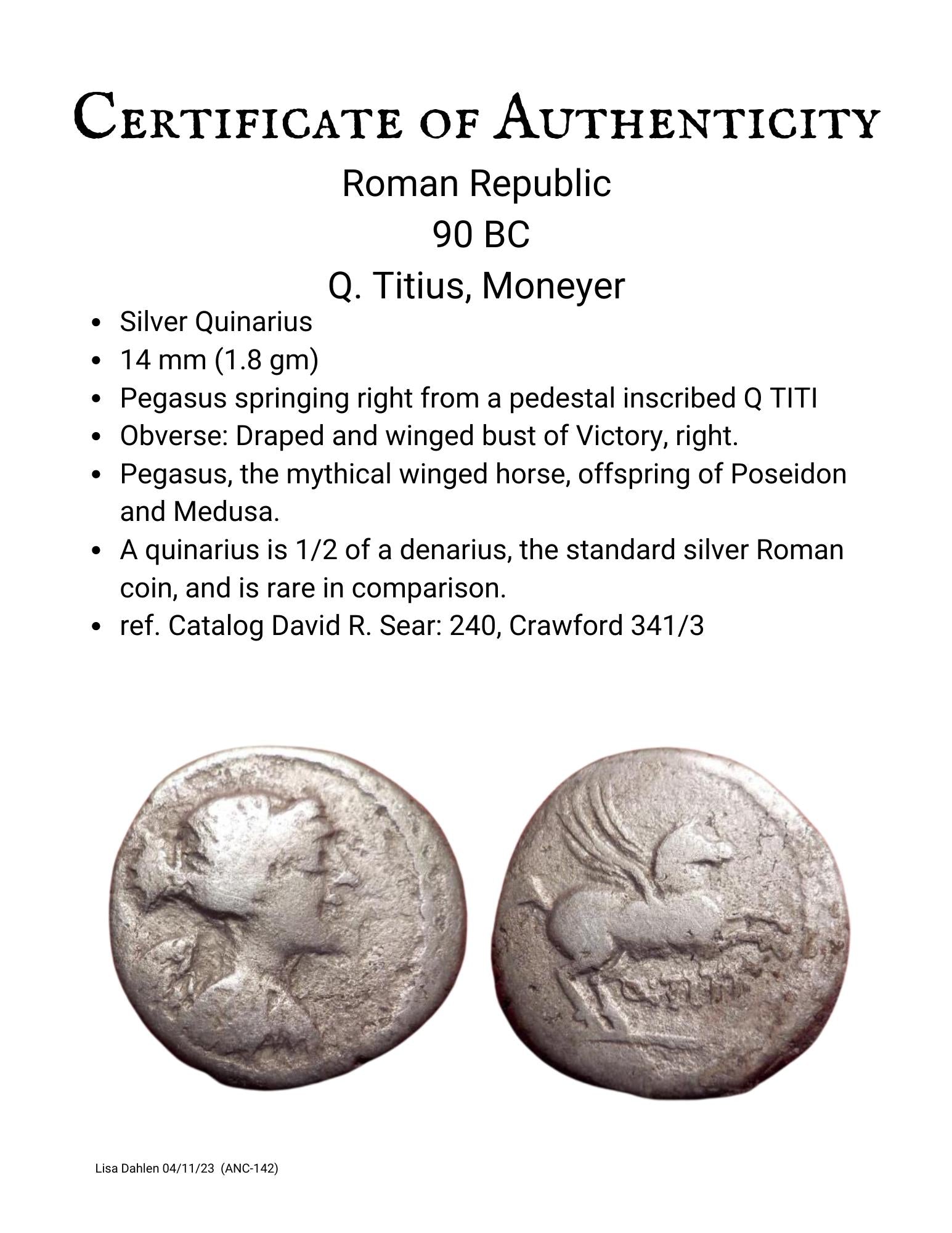 Ancient Roman Republic 90 BC Pegasus silver coin certificate