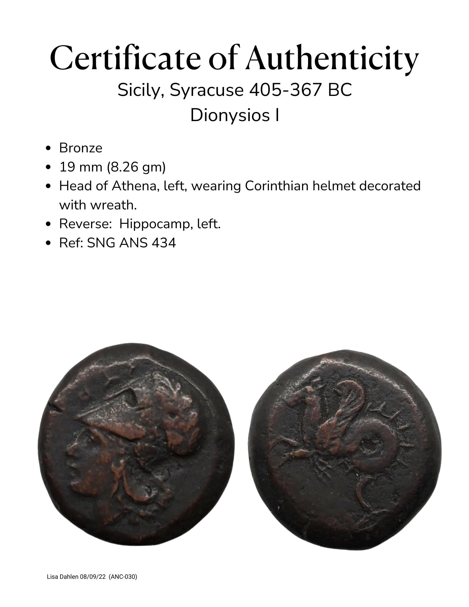Ancient Greek Bronze coin from Syracuse, Sicily of Athena and a Hippocamp certificate of authenticity