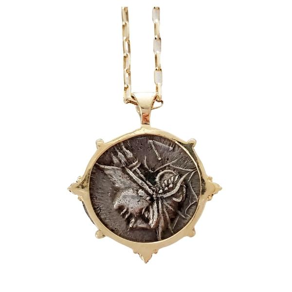 Roman Republic Silver Denarius 91BC Victory driving 2 horse chariot Roma back gold and diamond pendant