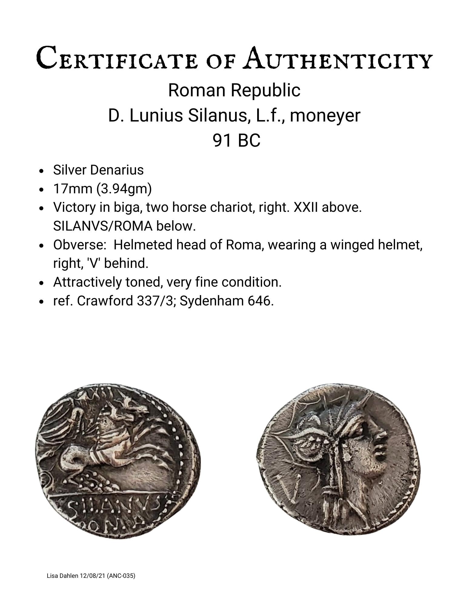 Roman Republic Silver Denarius Coin Victory in 2 horse chariot Roma on back certificate