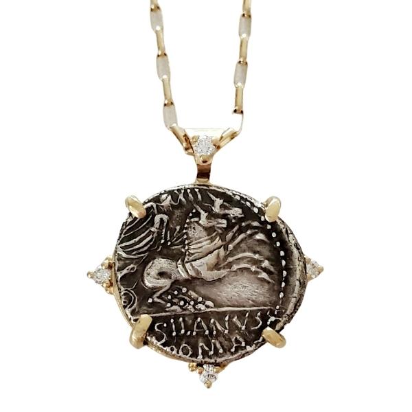 Roman Republic 91BC Victory driving Biga Roma on back gold and diamond pendant