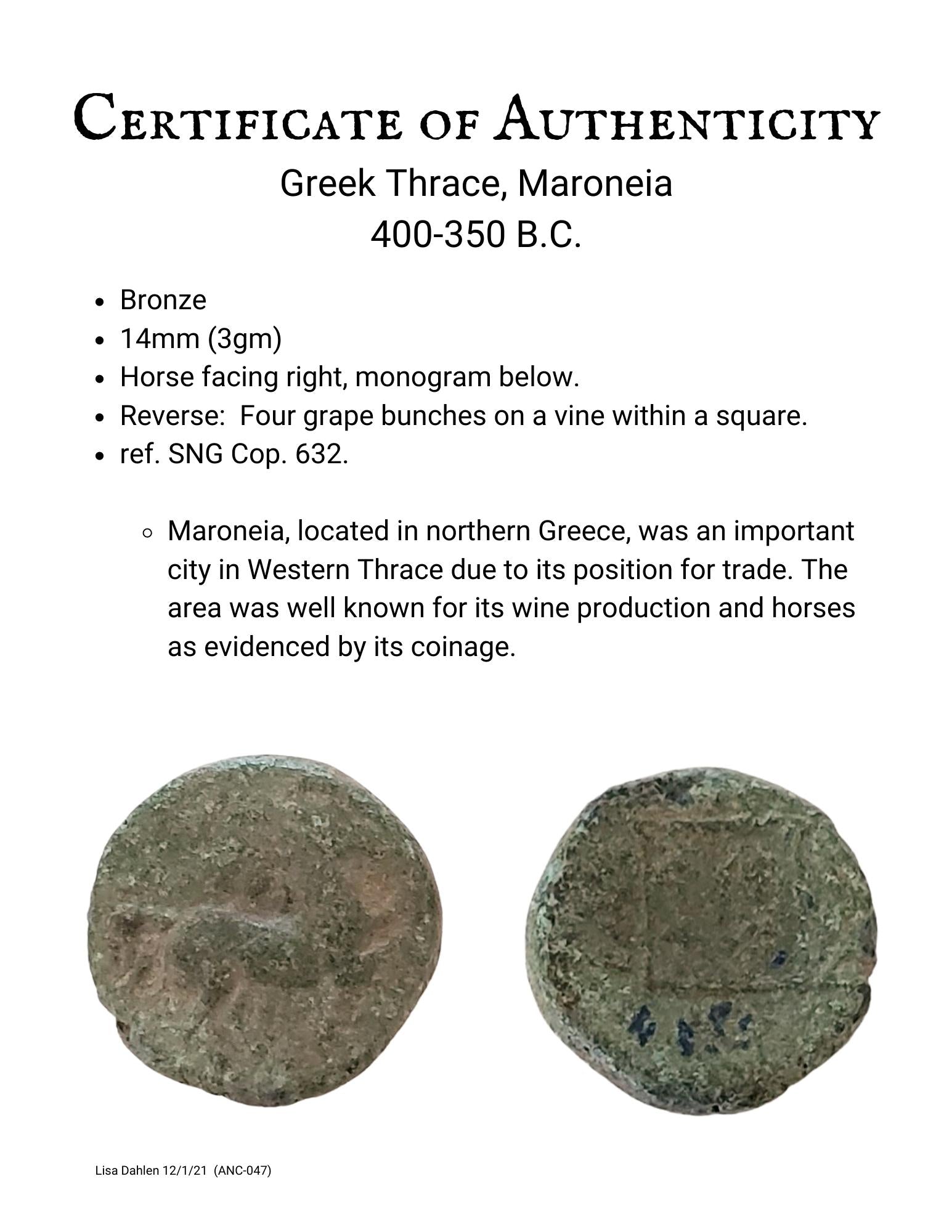 Certificate ancient greek bronze coin Thrace Horse Grapes 400-350 BC