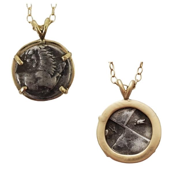 Ancient Greek silver Coin Cherronesos Thrace 400-350 BC Lion and Cicada on back 18kt gold pendant