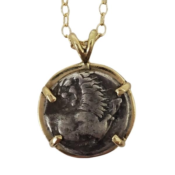 Ancient Greek silver coin Thrace Lion 400 - 350 BC 18kt gold pendant