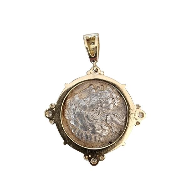Ancient Silver Coin Danubian Celts after Philip II Tetradrachm back image of Zeus. 18kt recycled gold pendant with Canadian source Diamonds.