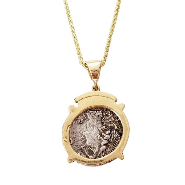 Roman Republic ancient silver denarius coin 18kt gold pendant back showing Roma