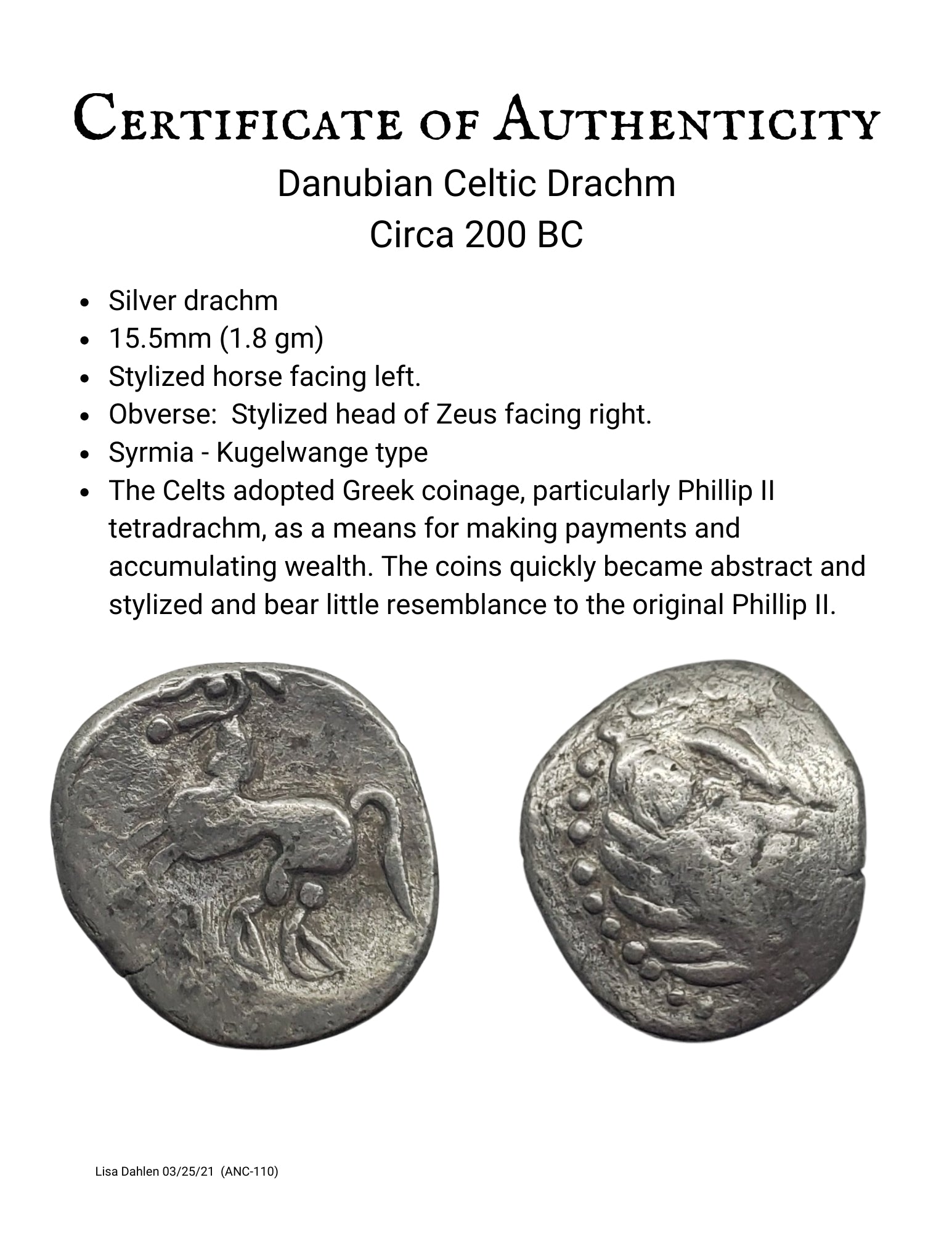 Celtic ancient silver coin with stylized horse certificate