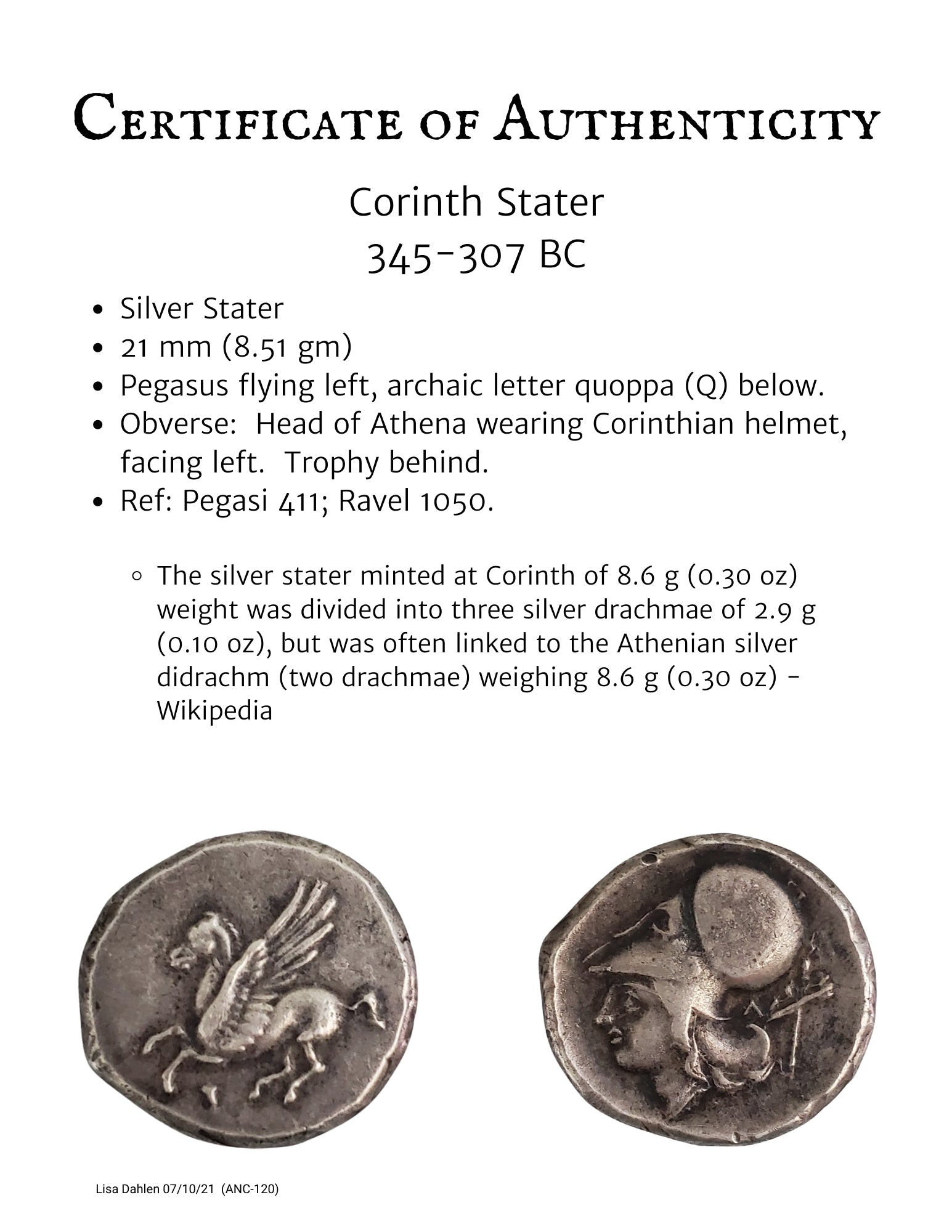 Certificate for Ancient Greek Corinth Pegasus Stater