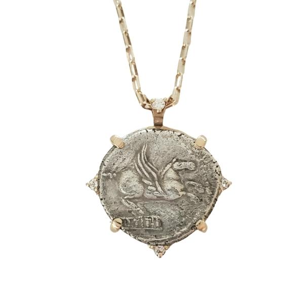 Roman Titius Pegasus Denarius Silver Coin Gold and Diamond Pendant 90BC