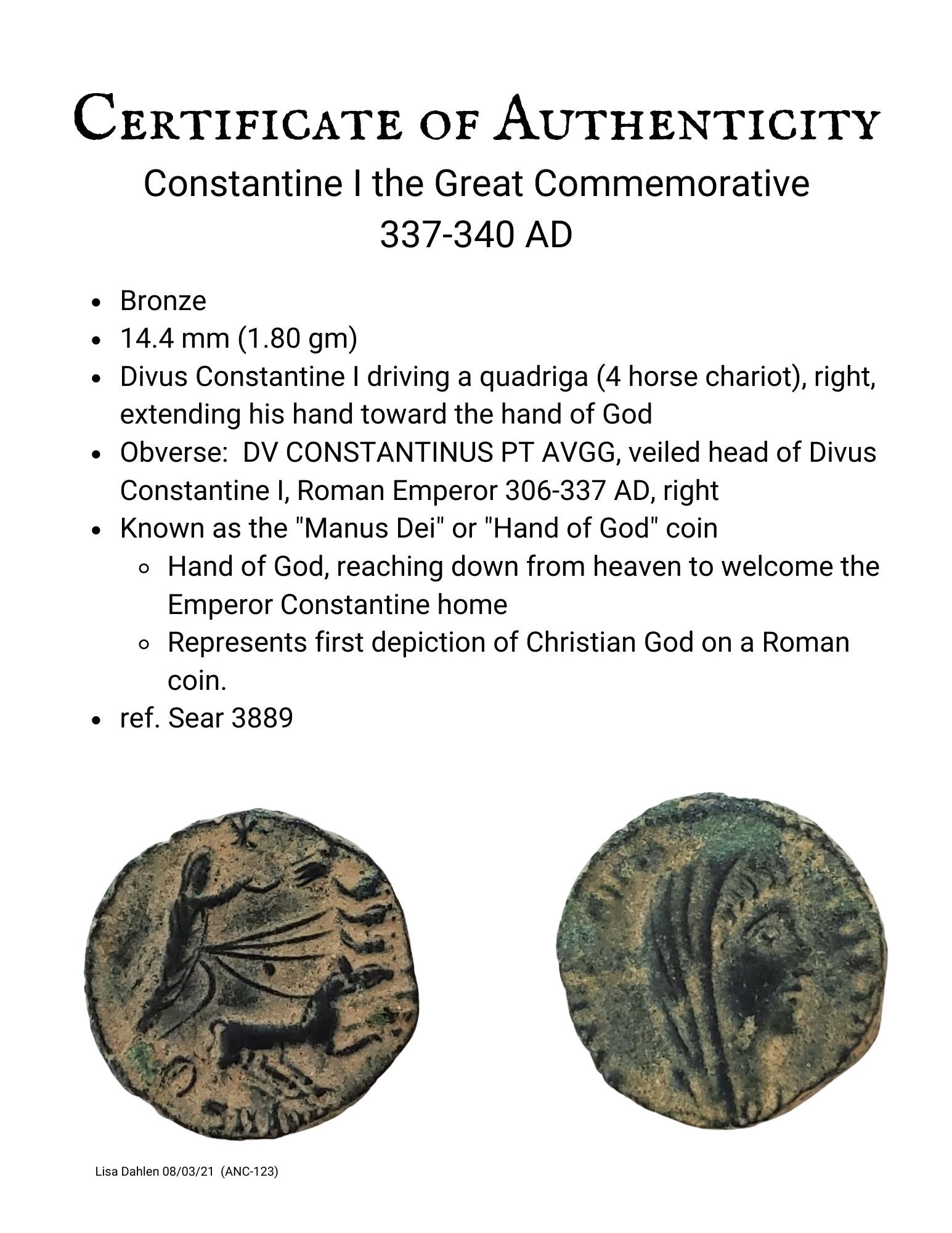 Constantine Commemorative Coin Hand of God Four Horse Chariot Certificate