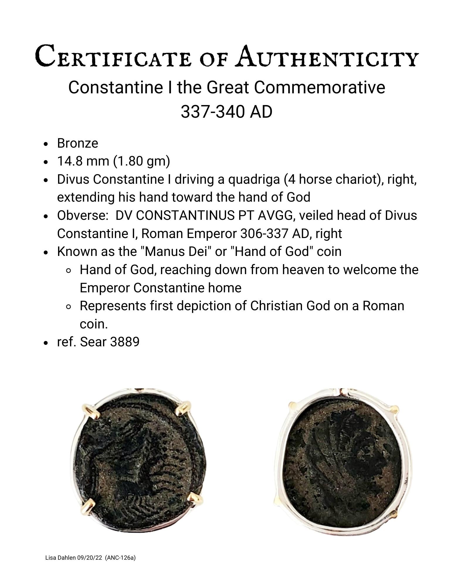 Authenticity Certificate for Hand of God Constantine the Great Ancient Coin