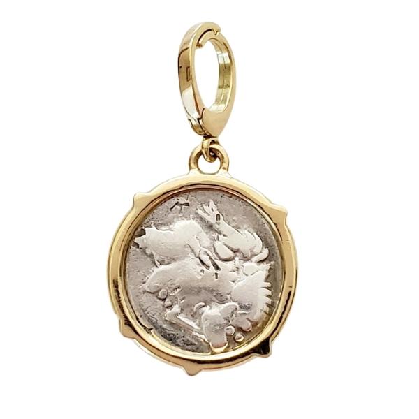 Ancient silver Roman Republic coin Titius Pegasus with Bacchus on back of 18kt recycled gold pendant. With 5mm enhancer or charm bail.
