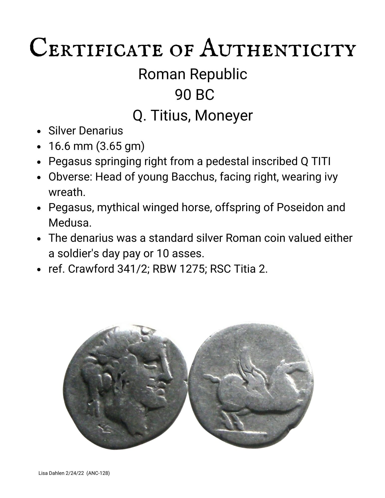 Roman Republic Titius Pegasus Bacchus silver denarius ancient coin certificate of authenticity
