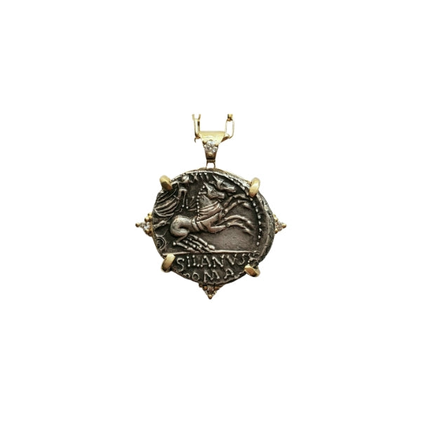 Ancient Roman Republic Silver Coin Pendant of Two Horse Chariot