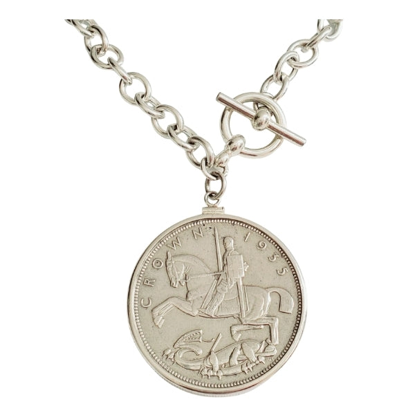 Rocking horse crown silver coin toggle necklace