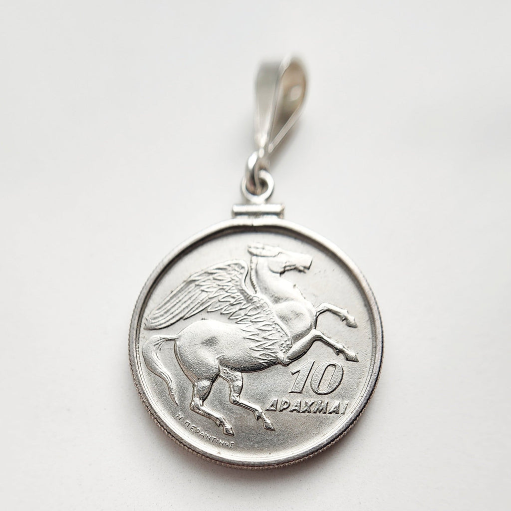 1973 Greek 10 drachma coin pendant with a Pegasus