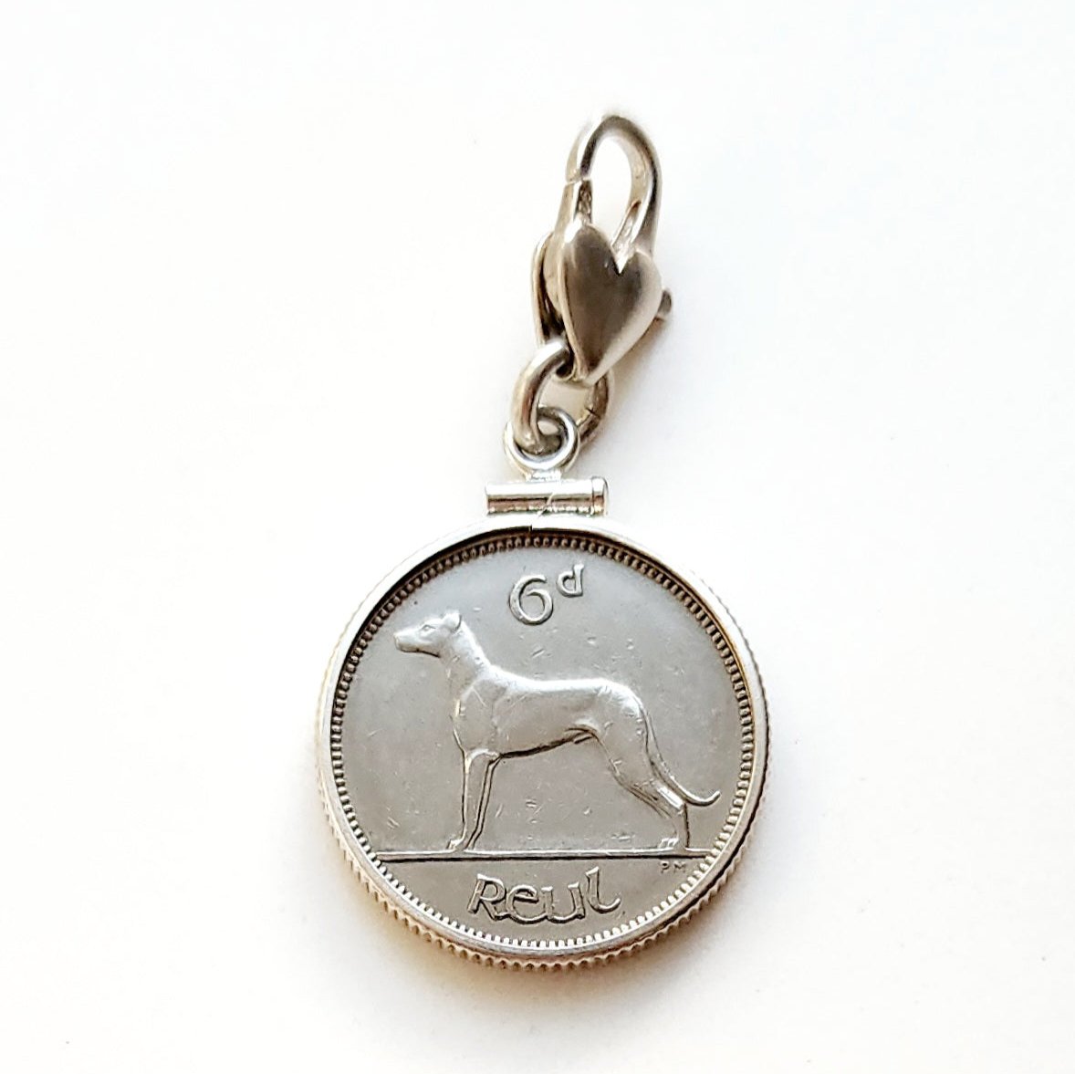 Irish 6 pence Dog coin charm pendant