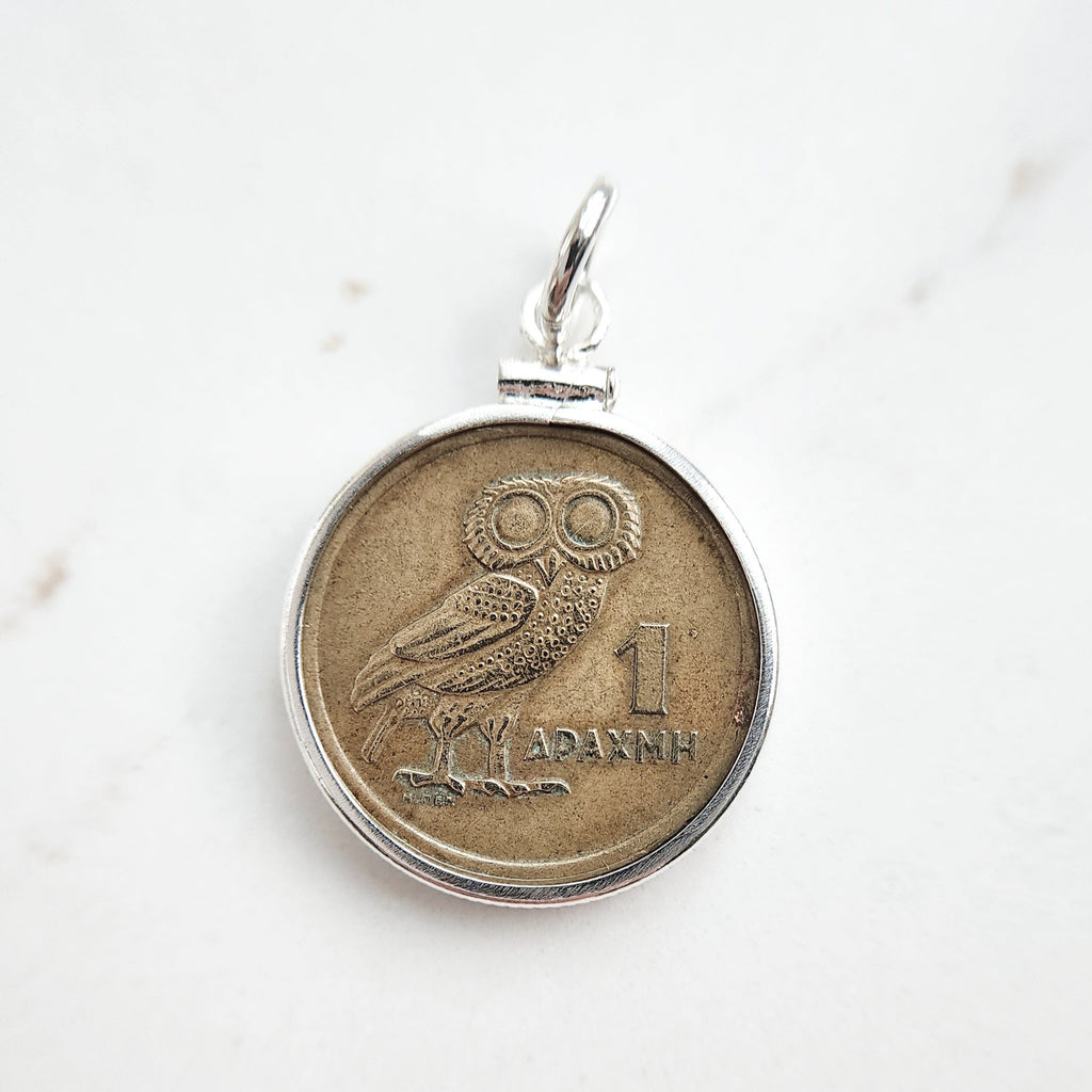 1973 Greek 1 drachma coin pendant of a owl, sterling silver coin mount