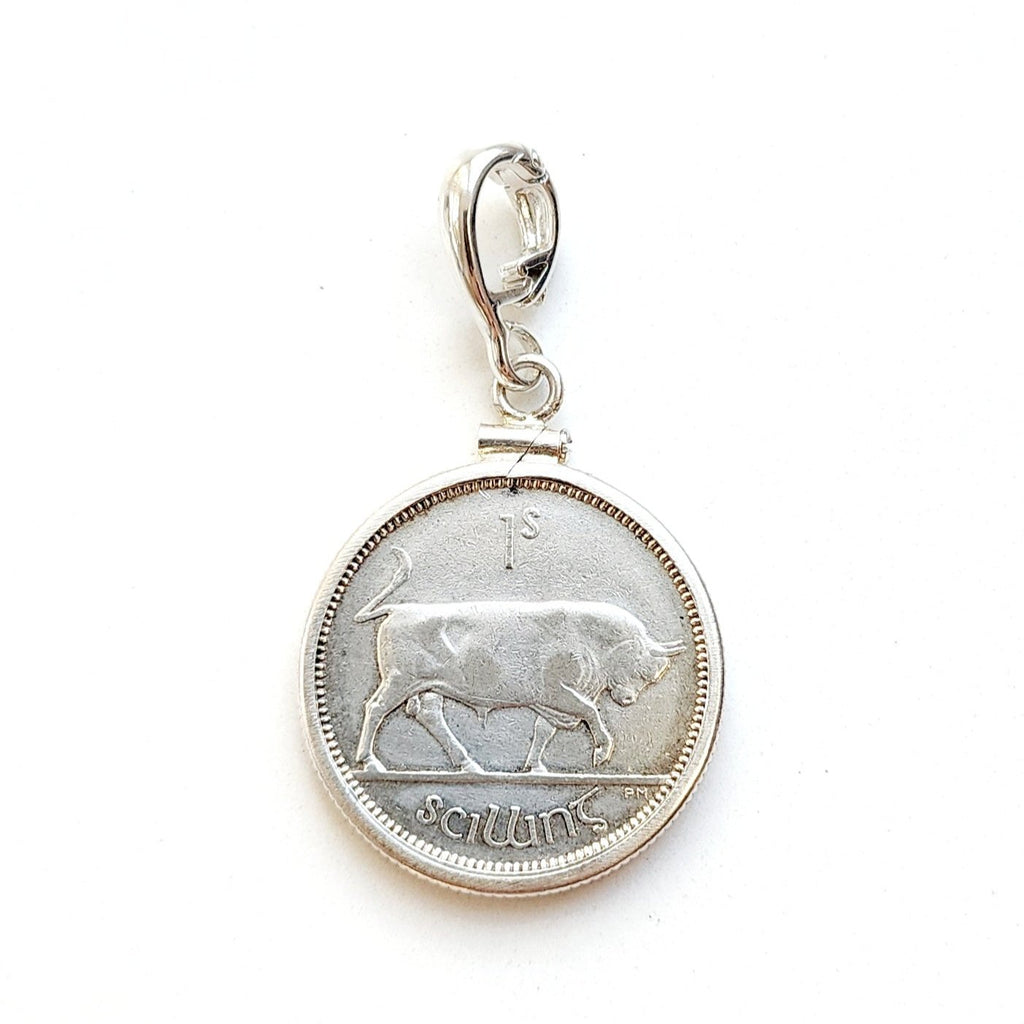 1940 Irish 1 schilling silver coin of a bull in a silver coin mount