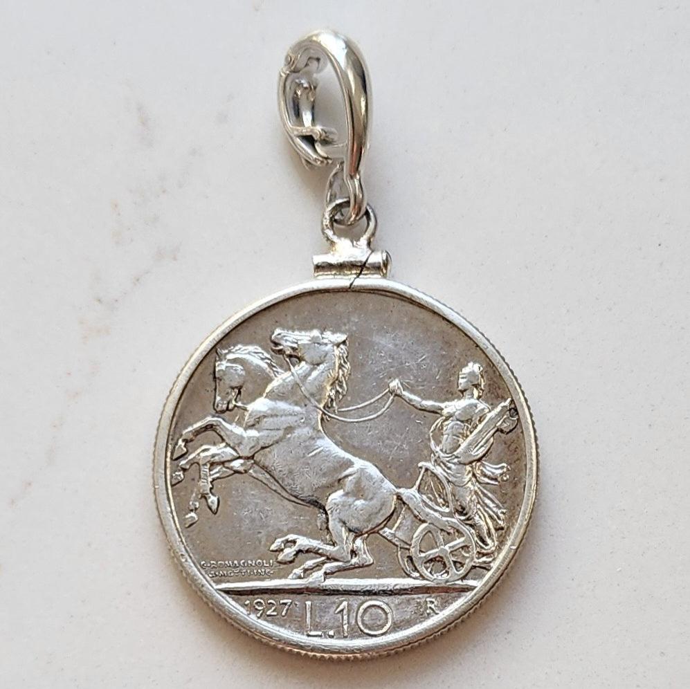 1927 Italian 10 Lire silver coin of two horse chariot driving by Victory.  Sterling silver coin mount and enhancer bail.