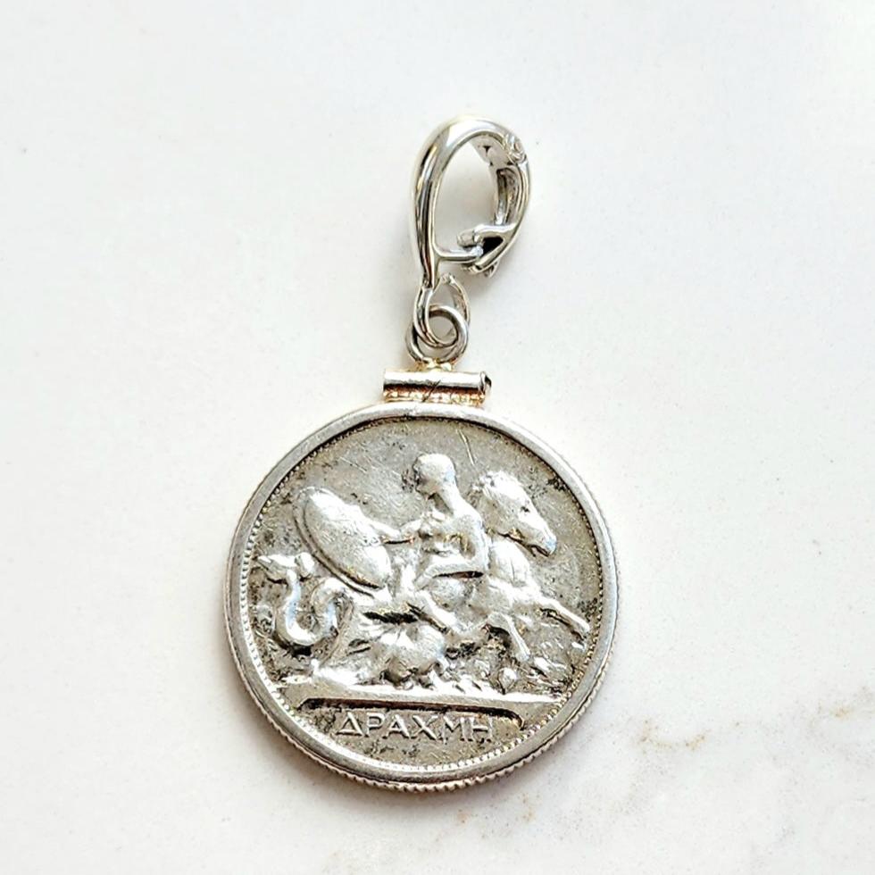 1910 Greek 1 drachma silver coin set in a sterling silver coin mount with enhancer bail.