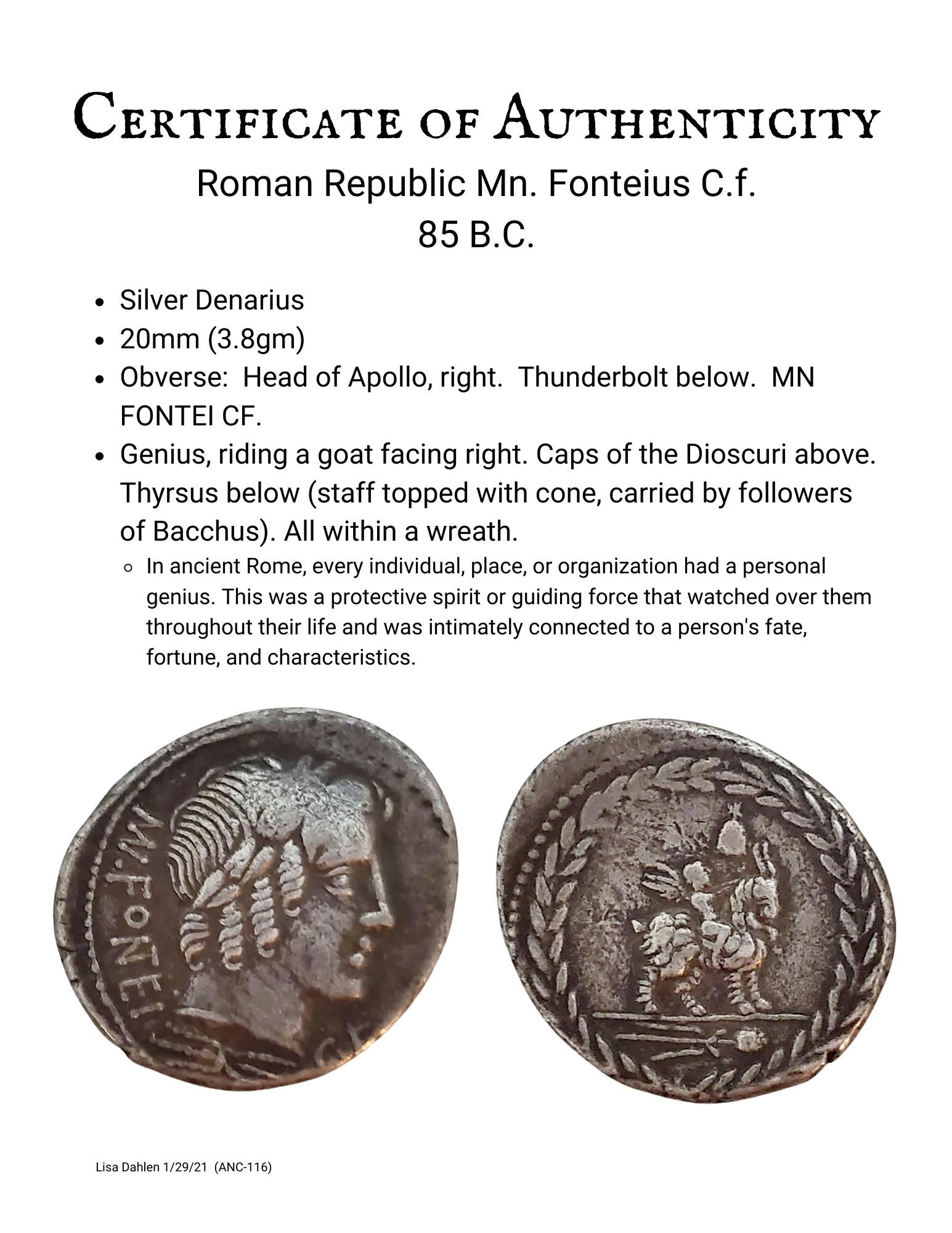 Certificate of authenticity of ancient Roman Republic silver coin 85 BC of Apollo and winged Genius sitting on a goat.