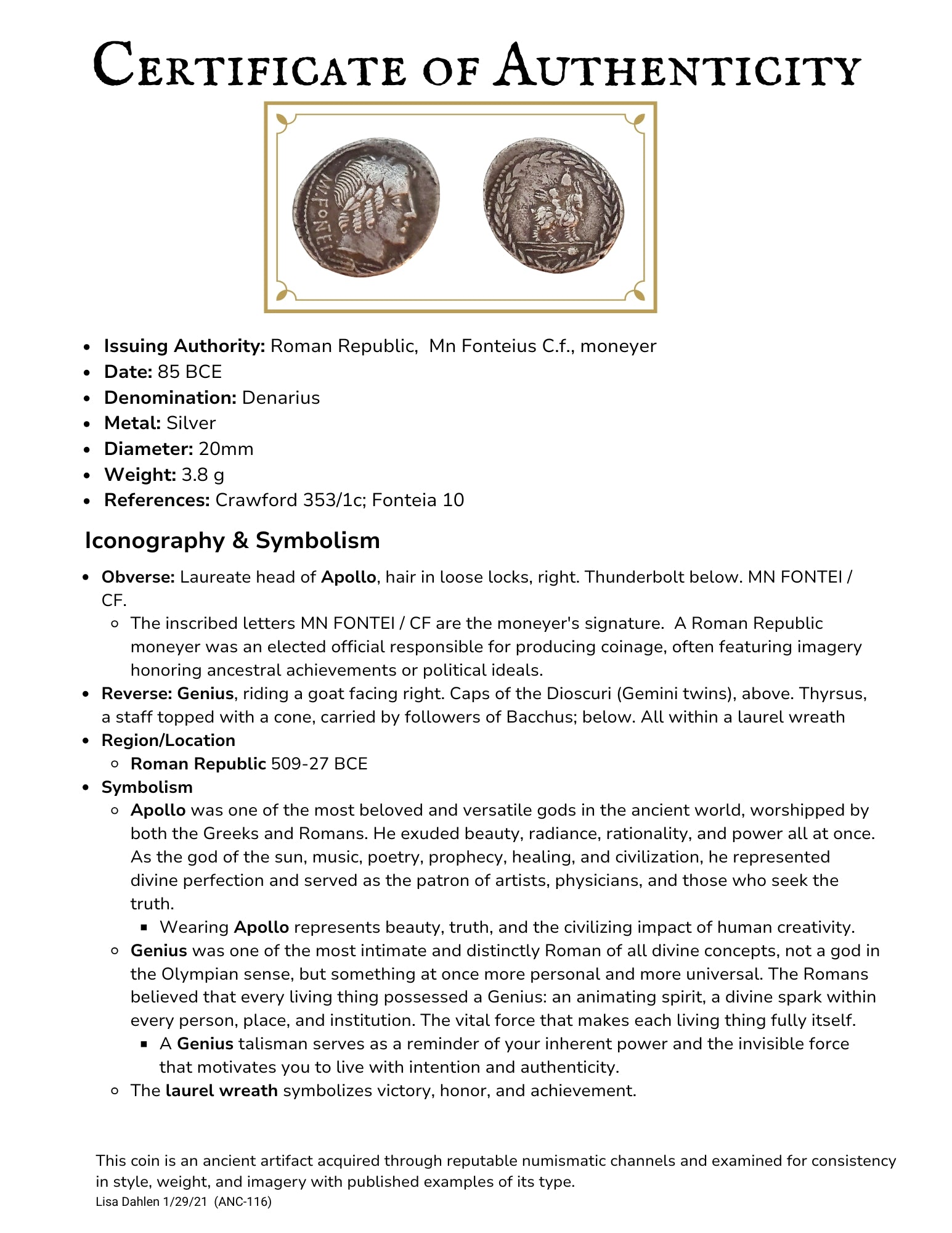 Certificate of Authenticity for the Roman Republic Genius and Apollo coin, featuring detailed iconography and symbolism.