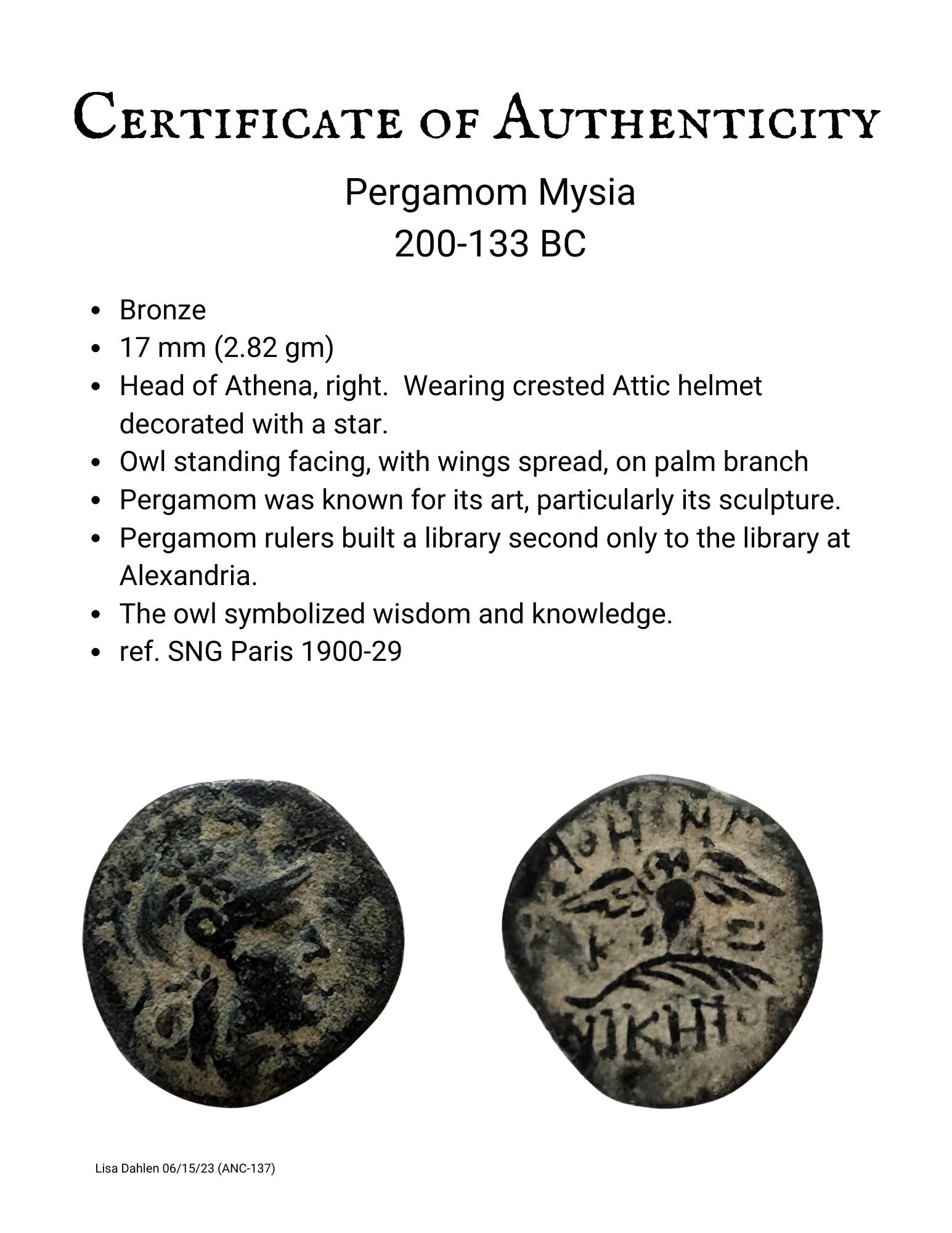 Certificate of authenticity of ancient Greek bronze coin from Pergamom Mysia 200-133 BC with Helmeted head of Athena and an owl with outstretched wings.