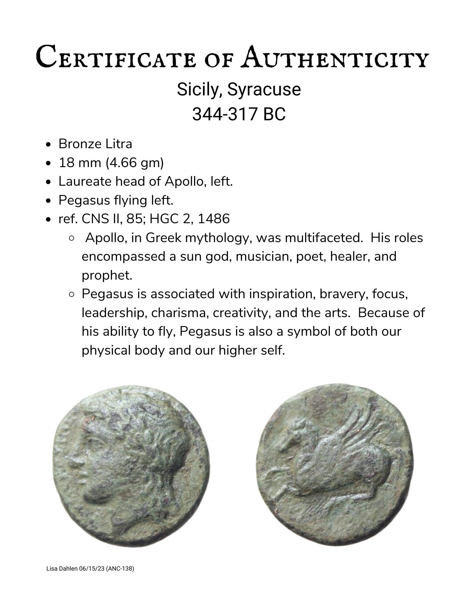 Certificate of authenticity of ancient Greek bronze coin from Syracuse, Sicily of Apollo and Pegasus 344-317 BC