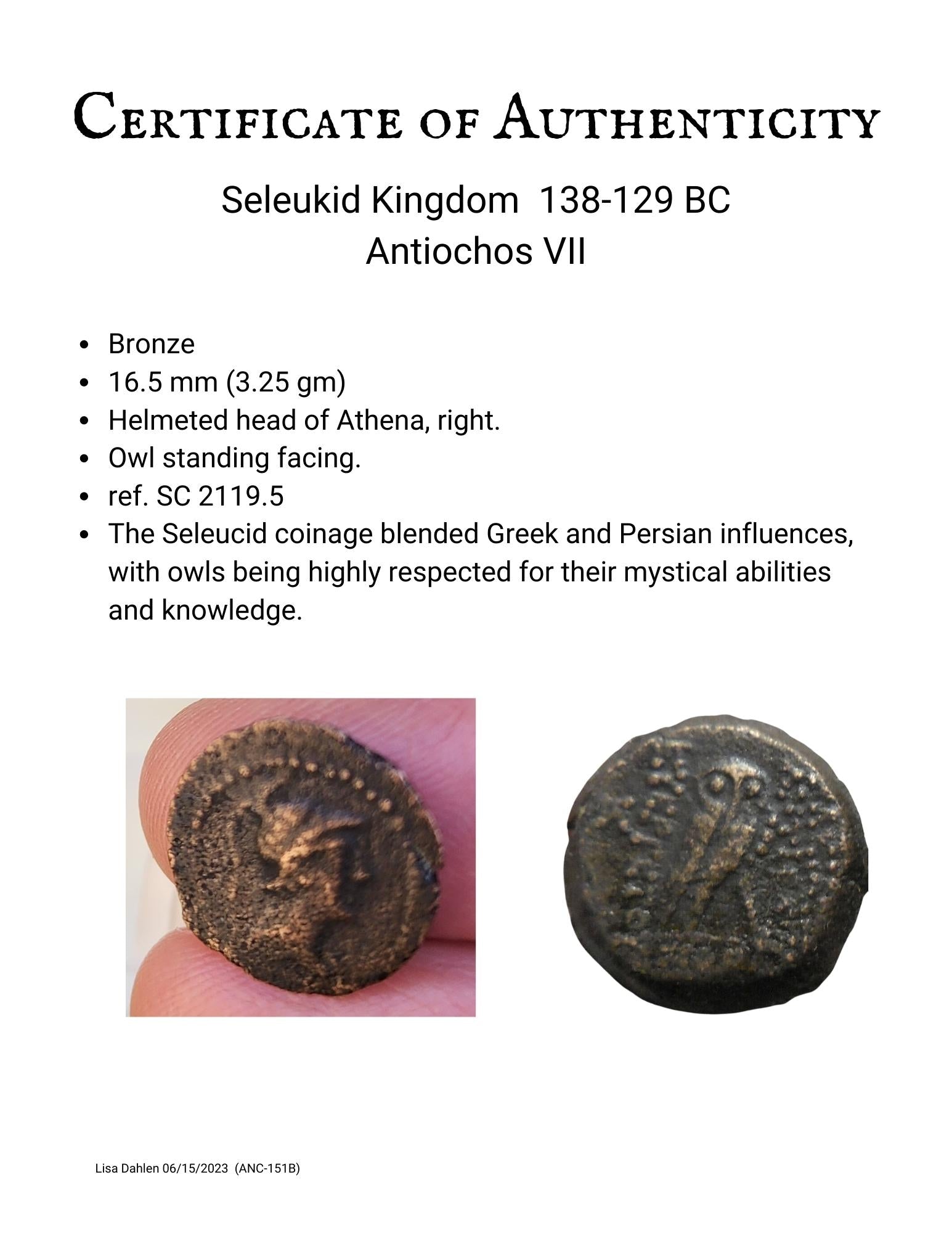 Greek Bronze Seleukid Owl 138-129 BC (151B)