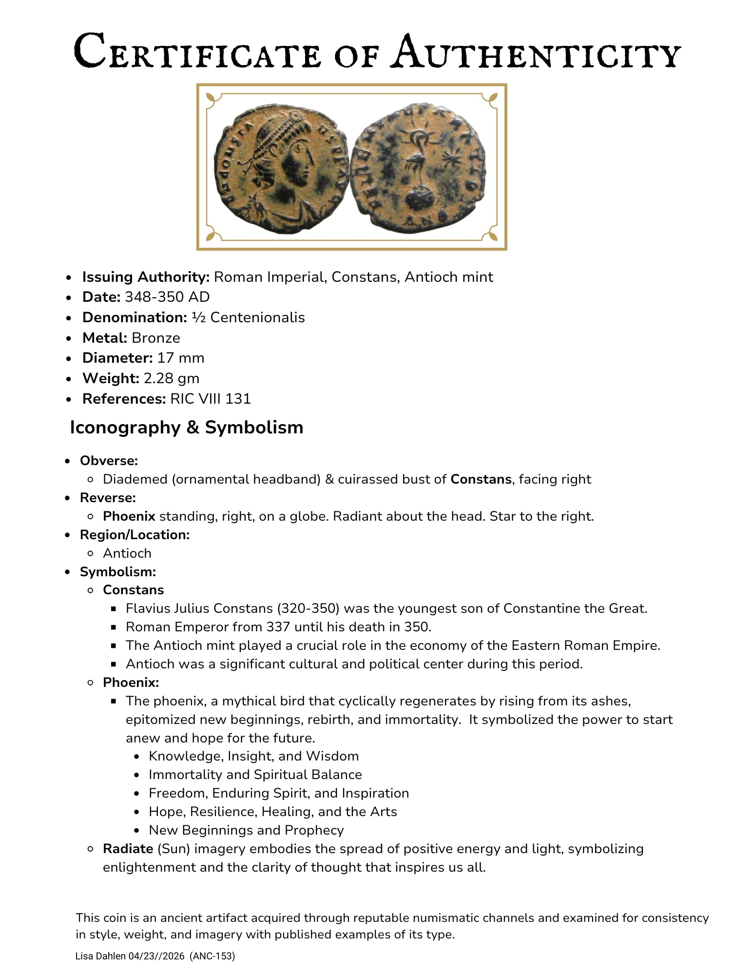 Certificate of Authenticity for a Roman Imperial coin with Phoenix with iconography and symbolism details.