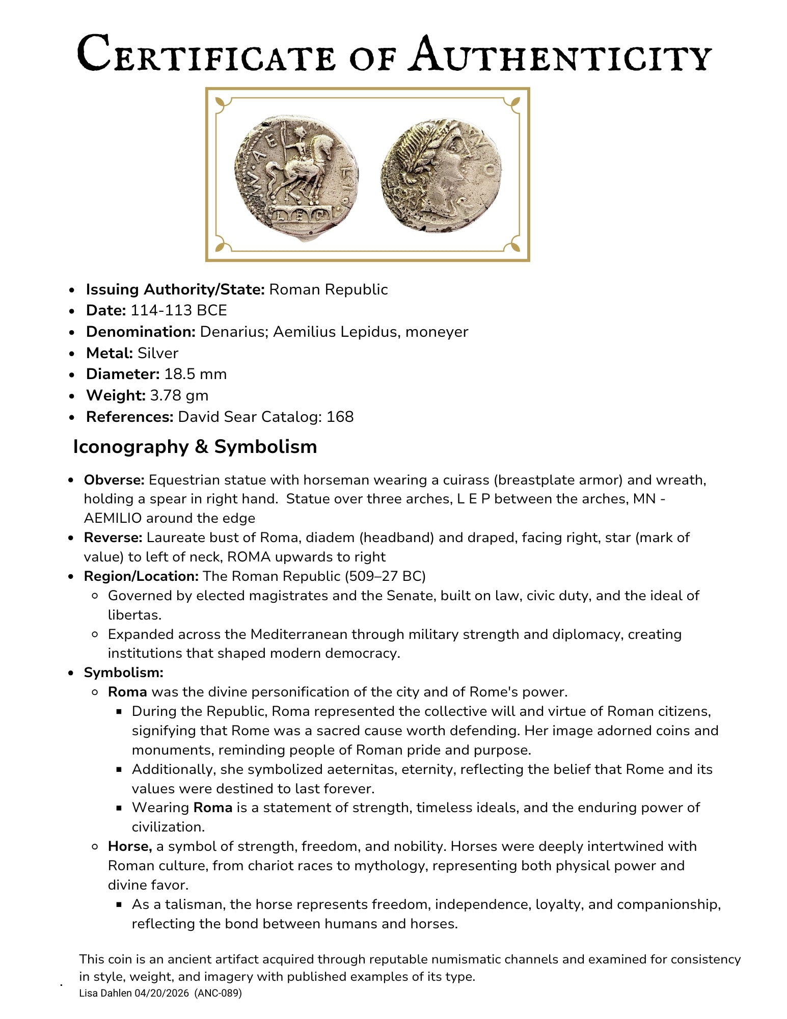 Certificate of Authenticity for Roman Republic Horse Statue coin, with details on iconography and symbolism.