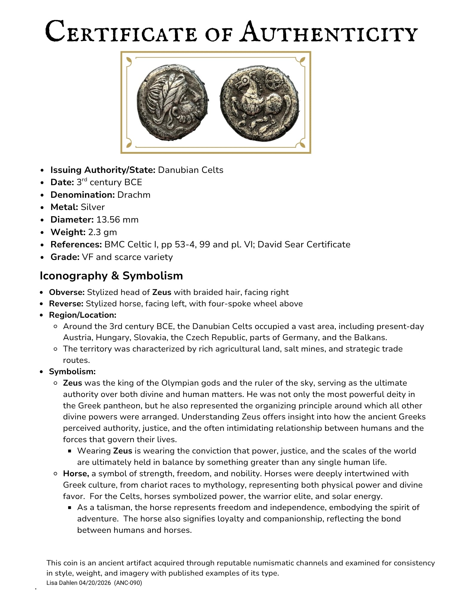 Certificate of Authenticity for an ancient Celtic Zeus coin ring with symbolism information.